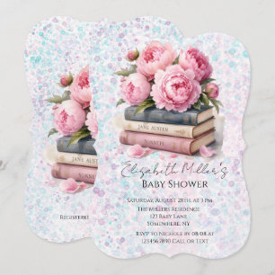 Invitation Fête Prénatale Bébé Fille Pivoines Roses & Livres