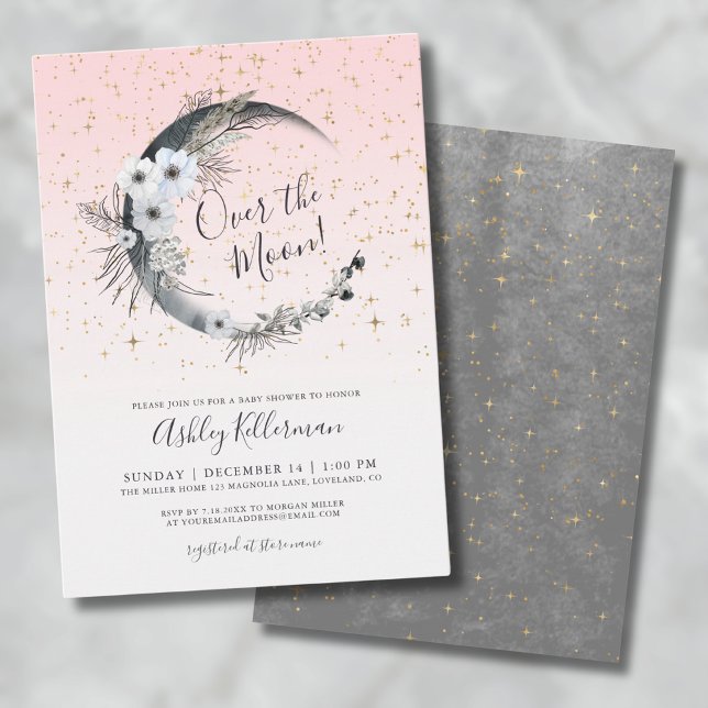 Invitation Fête Prénatale Bébé Fille Rose La Lune (Moon and Stars Pink Baby Shower Invitation)
