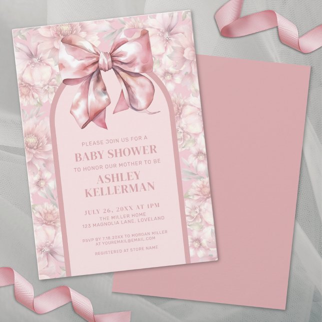 Invitation Fête Prénatale Bébé Fille Ruban Floral Rose (Cute Pink Floral Girl Baby Shower Invitation)