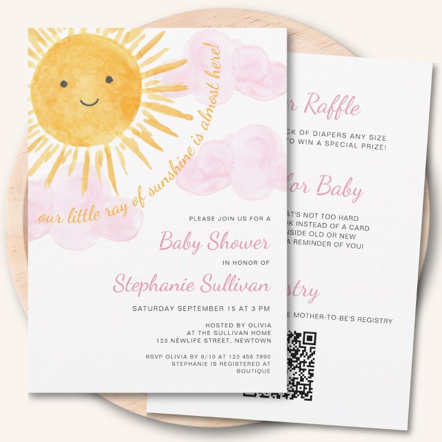 Invitation Fête Prénatale Bébé Fille Thème Soleil Code QR Tou (Créateur téléchargé)