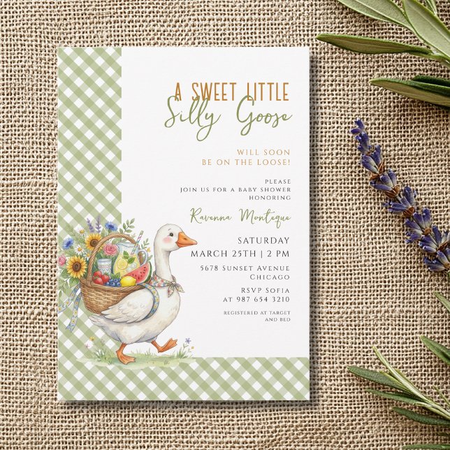 Invitation Fête Prénatale Bébé Fleur Gingham Vert Oie Rigolot (Créateur téléchargé)
