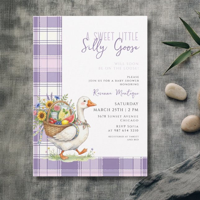 Invitation Fête Prénatale Bébé Fleur Gingham Violet Petit Fou (Créateur téléchargé)