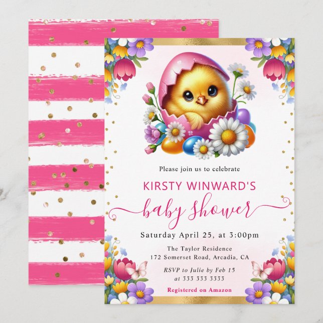 Invitation Fête Prénatale Bébé Fleurs de Printemps Poussin de (Devant / Derrière)
