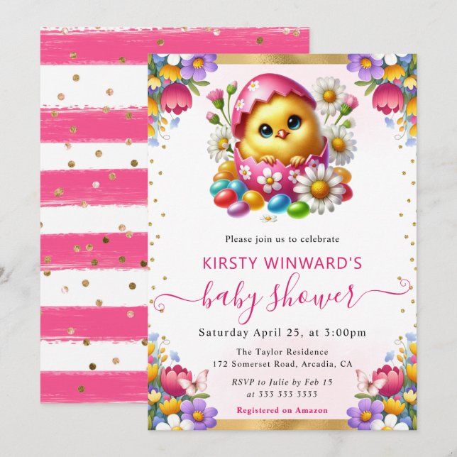 Invitation Fête Prénatale Bébé Fleurs de Printemps Poussin de (Devant / Derrière)