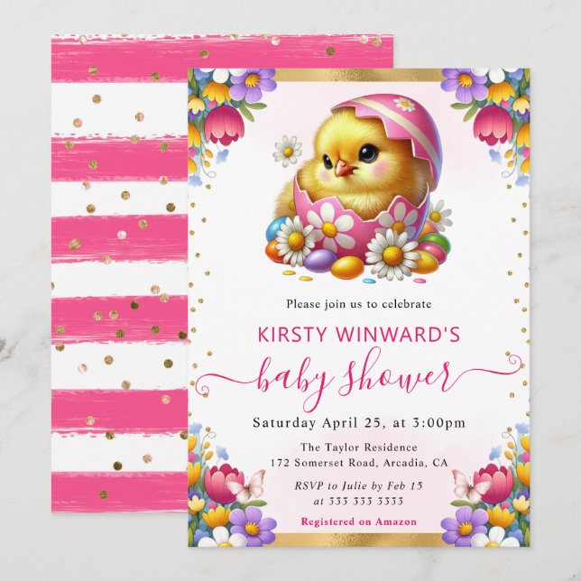 Invitation Fête Prénatale Bébé Fleurs de Printemps Poussin de (Devant / Derrière)