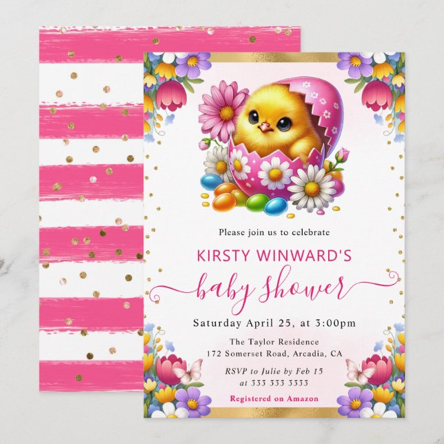 Invitation Fête Prénatale Bébé Fleurs de Printemps Poussin de (Devant / Derrière)