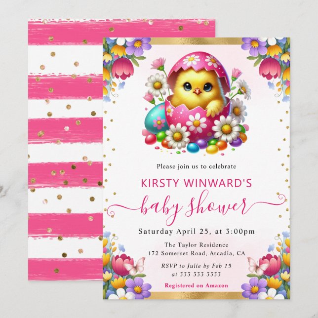 Invitation Fête Prénatale Bébé Fleurs de Printemps Poussin de (Devant / Derrière)