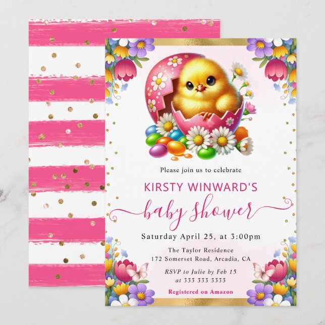 Invitation Fête Prénatale Bébé Fleurs de Printemps Poussin de (Devant / Derrière)