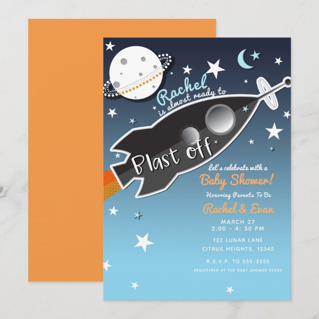 Invitation Fête Prénatale Bébé Fusée Décollage Spatial (Devant / Derrière)