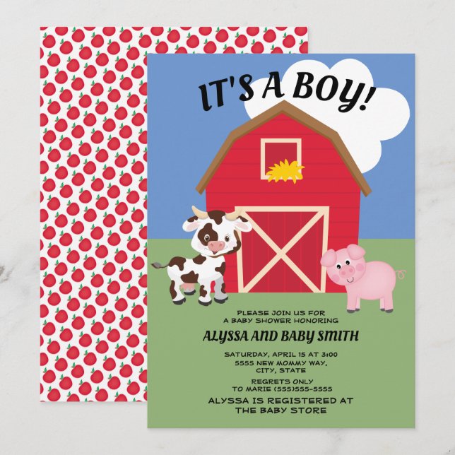 Invitation Fête prénatale bébé garçon ferme / étable vache et (Devant / Derrière)