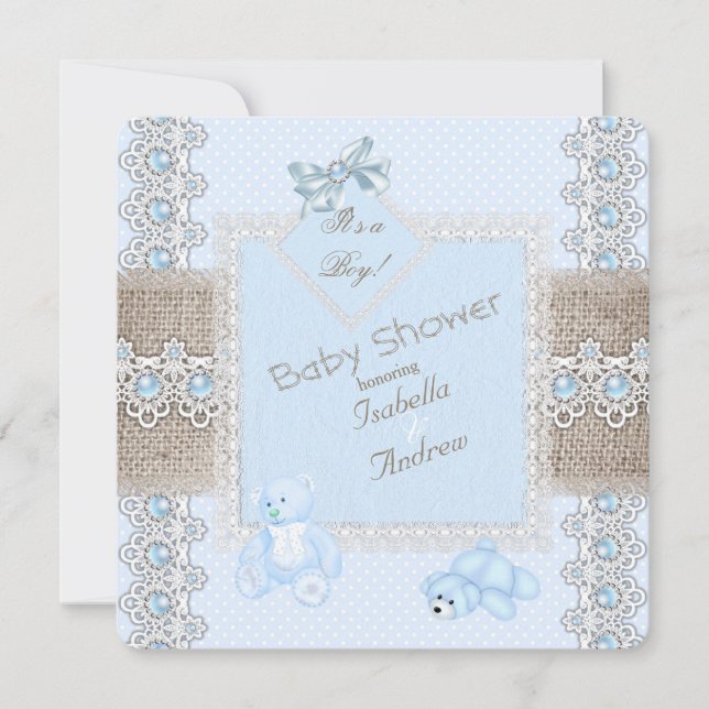 Invitation Fête Prénatale Bébé Garçon Perle Bleue Dentelle Ou (Devant)