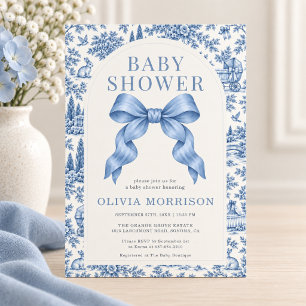 Invitation Fête Prénatale Bébé Garçon Toile de Jouy Bleue Rub
