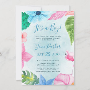 Invitation Fête prénatale bébé garçon tropical floral aquarel