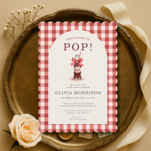 Invitation Fête Prénatale Bébé Gingham Arc Rouge Elle est Prê