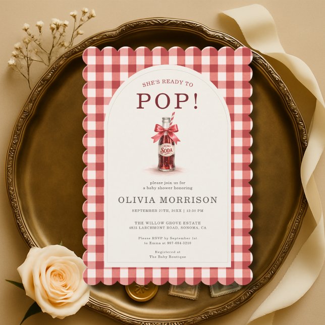 Invitation Fête Prénatale Bébé Gingham Arc Rouge Elle est Prê (Créateur téléchargé)