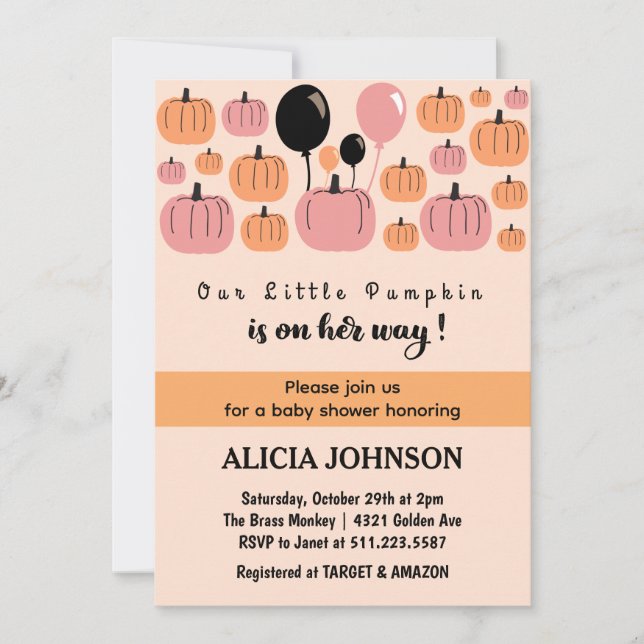 Invitation Fête prénatale bébé Halloween Citrouille Mignonne  (Devant)