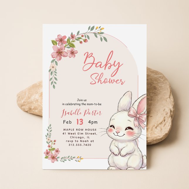 Invitation Fête Prénatale Bébé Lapin Fille Ruban Rose Fleur S (Créateur téléchargé)