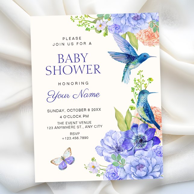 Invitation Fête prénatale bébé oiseau floraison florale éléga (Créateur téléchargé)