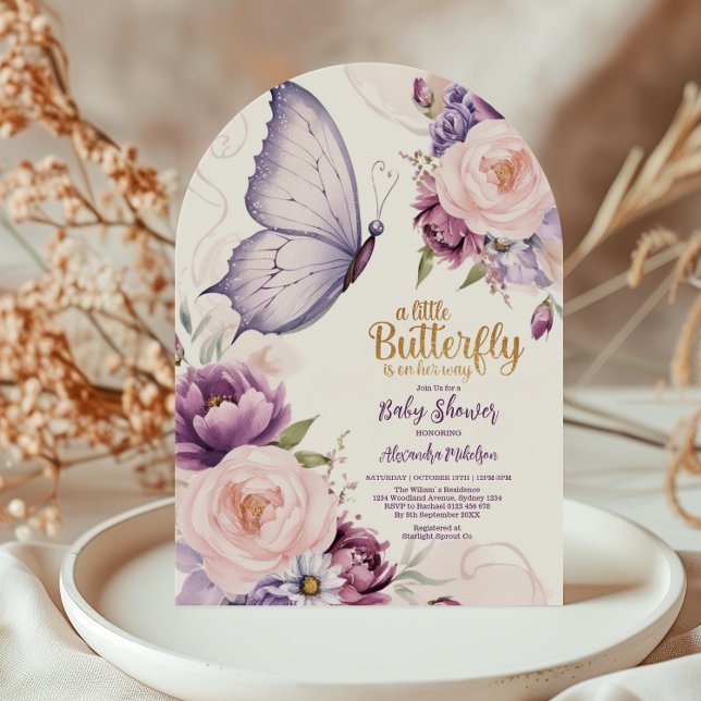 Invitation Fête Prénatale Bébé Papillon Floral Violet Rouge a (Créateur téléchargé)