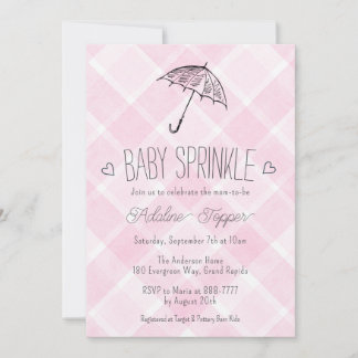Invitation Fête prénatale bébé parapluie carreaux Fuchsia 009