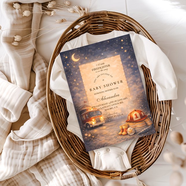 Invitation Fête Prénatale Bébé Petit Pompier Ciel de Nuit (Créateur téléchargé)