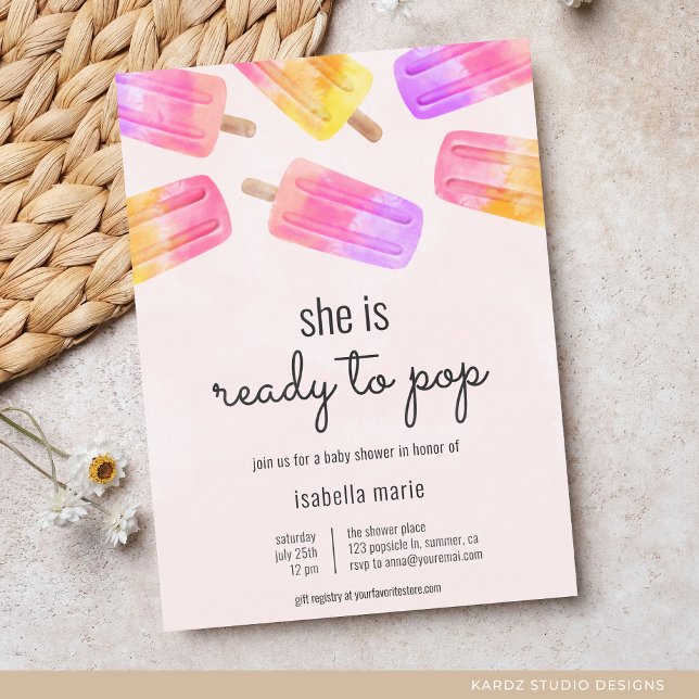 Invitation Fête Prénatale Bébé Popsicle Rose Prêt à éclater (Invite shown in 5 x 7 inches with square corner, choose size, paper and corner style before checkout)