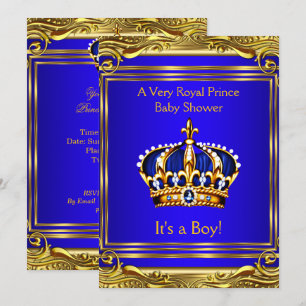 Invitation Fête prénatale Bébé Prince Bleu Royal Or Garçon