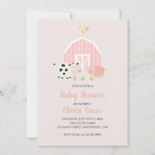 Invitation Fête prénatale bébé rose animaux de la ferme grang