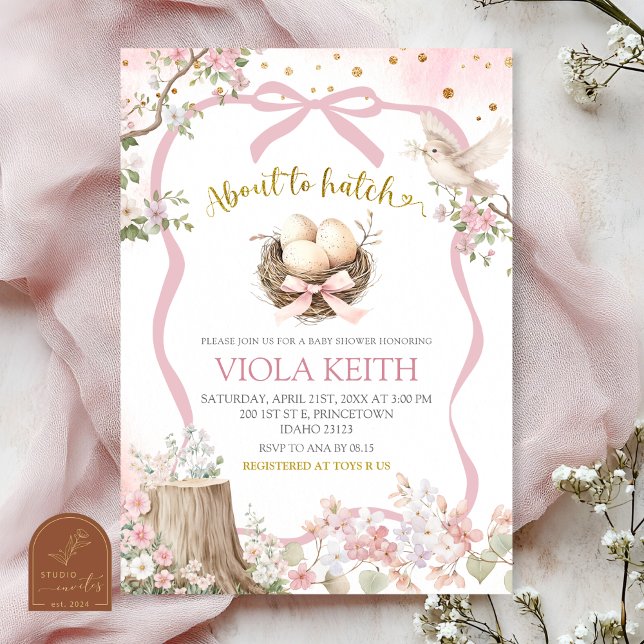 Invitation fête prénatale bébé rose coquette printemps oiseau (Créateur téléchargé)