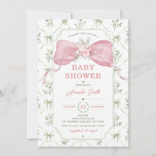 Invitation Fête prénatale bébé ruban rose sage vert floral ch