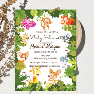 Invitation Fête Prénatale Bois, Feuilles, Animaux de la Forêt