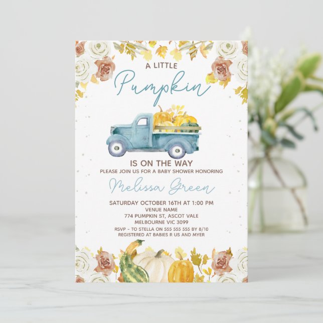 Invitation Fête Prénatale Camion de Citrouille Marron Bleu Ru (Debout devant)