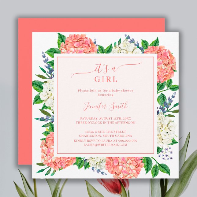 Invitation Fête Prénatale C'est Une Fille Hydrangea Rose Élég (Créateur téléchargé)