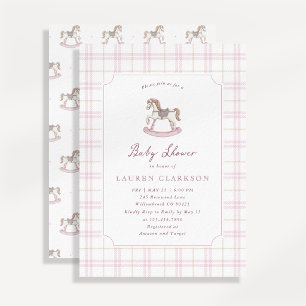 Invitation Fête Prénatale Cheval à Bascule Rose Élégant 