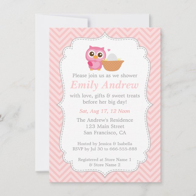 Invitation Fête Prénatale Chevron Rose, Chouette Mignonne (Devant)