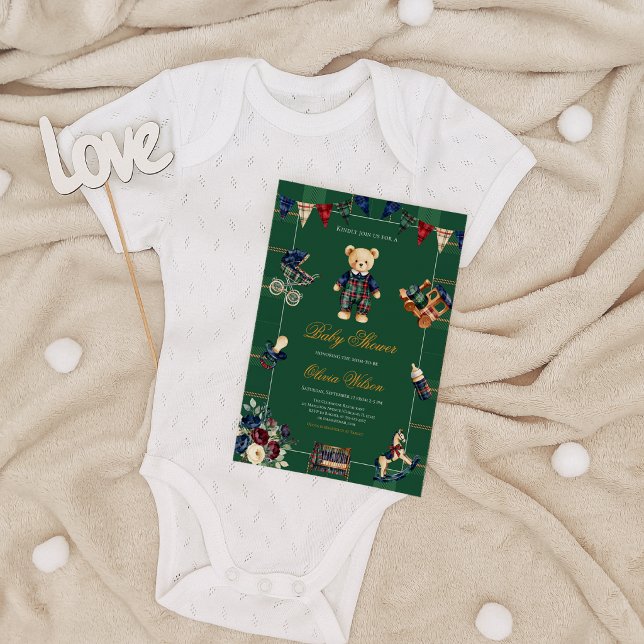 Invitation Fête Prénatale Classique Ours en Peluche Rayures C (Neutral Plaid Teddy Bear Baby Shower Invitation Classic Bearly Wait Stripes Rustic Design)