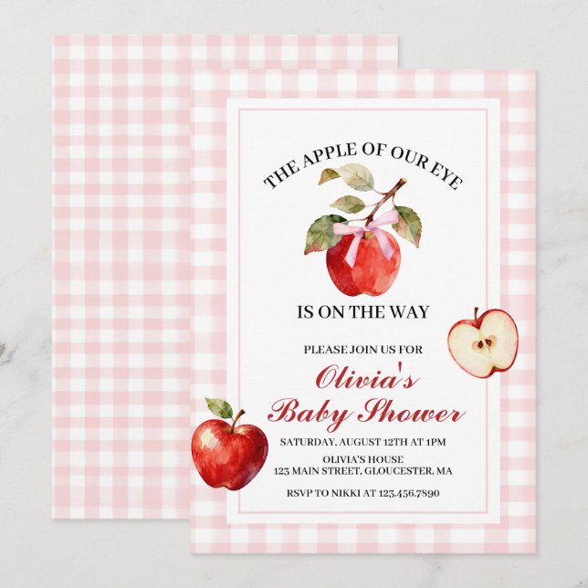 Invitation Fête prénatale Coquette Bébé Fille Ruban Rose Pomm (Devant / Derrière)