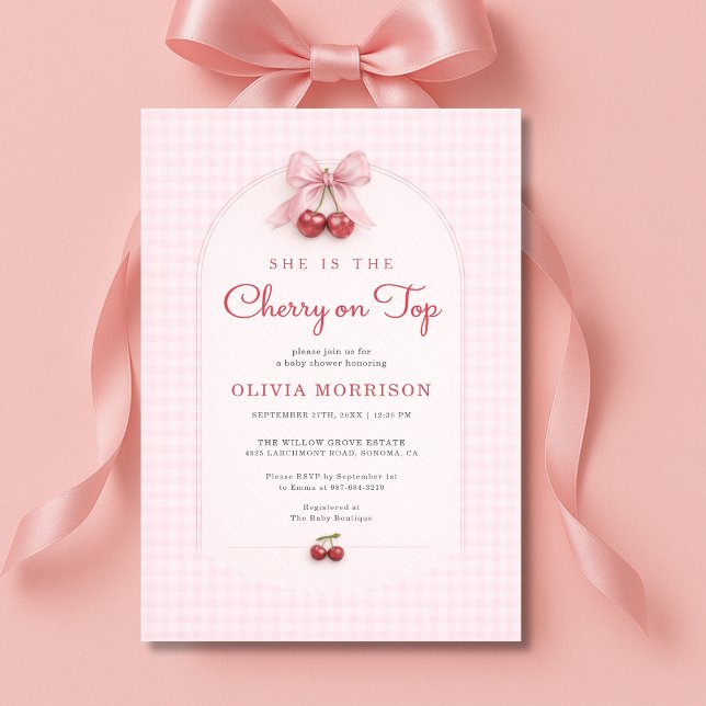 Invitation Fête Prénatale Coquette Cerise sur Gingham (Créateur téléchargé)