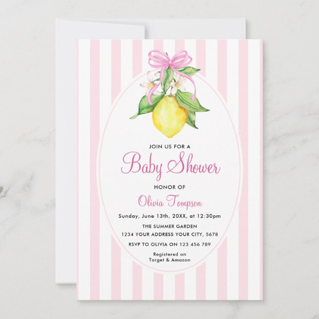 Invitation Fête prénatale Coquette Lemon Pink Bébé Fille (Devant)
