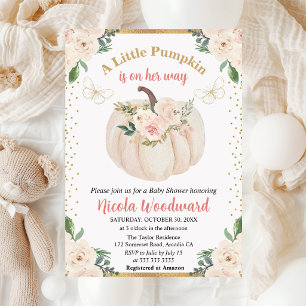 Invitation Fête Prénatale de Bébé Citrouille Florale Rose & C