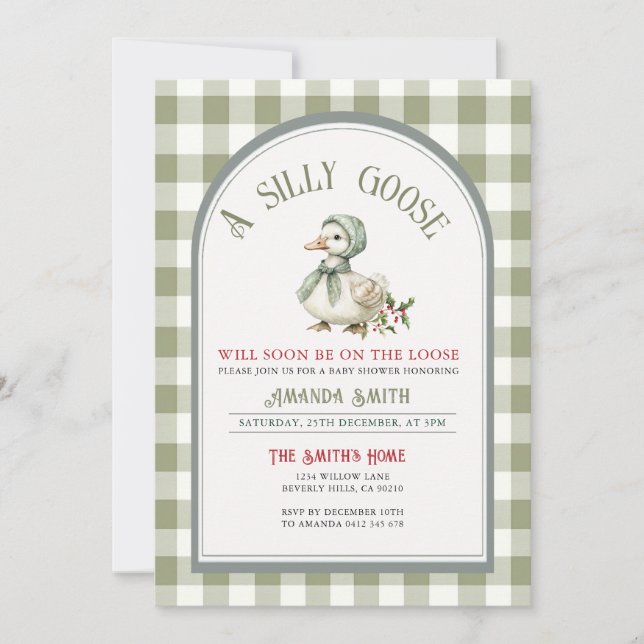 Invitation Fête prénatale de bébé Silly Goose Vert de Noël  (Devant)