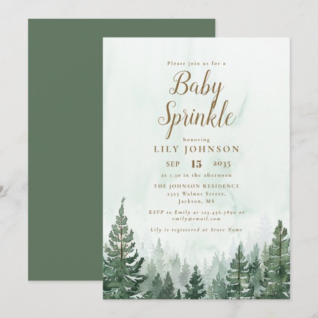 Invitation Fête Prénatale de la Forêt de Pins Rustique Sprink (Devant / Derrière)