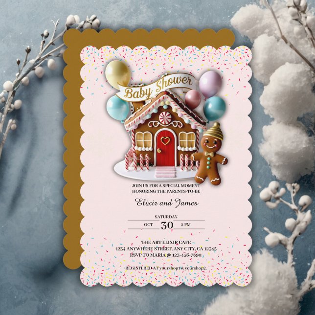 Invitation Fête Prénatale de la Maison en Pain d'Épices Dorée (Créateur téléchargé)