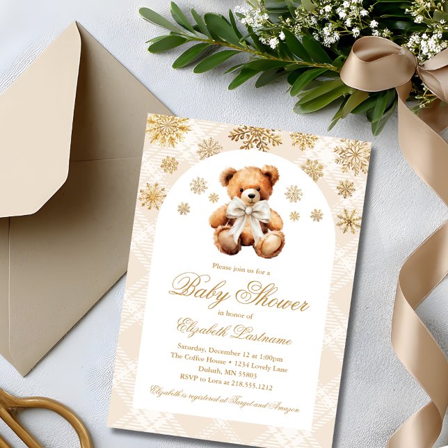 Invitation Fête Prénatale de Noël Ourson d'Hiver (Classic Teddy Bear Ivory Plaid Preppy Baby Shower Invitation)