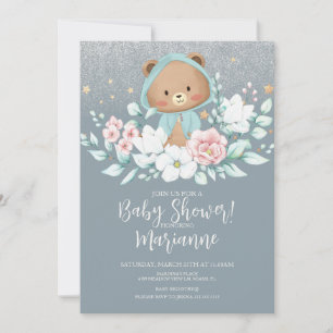 Invitation Fête Prénatale de Nounours Fleurs Pailletées Bleu