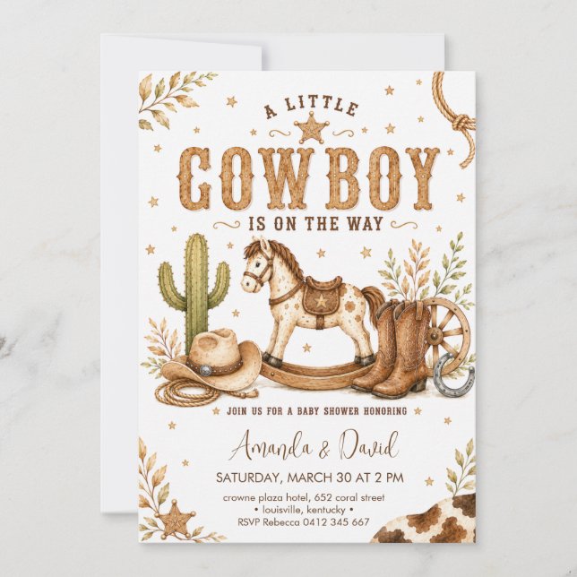 Invitation Fête Prénatale de Petit Cow-Boy Cheval à Bascule (Devant)