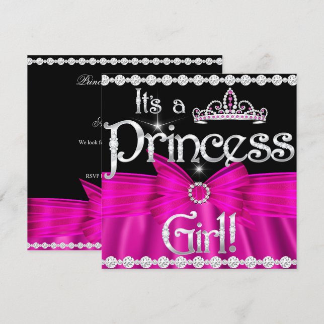 Invitation Fête Prénatale de Princesse Rose Chaud Diadème Arg (Devant / Derrière)