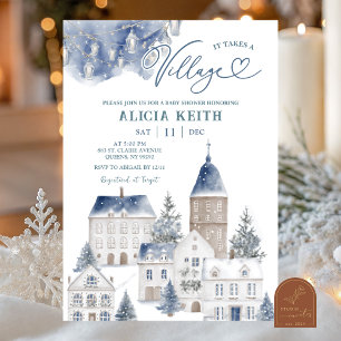 Invitation Fête Prénatale de Village Hygge Noël Hiver Bleu