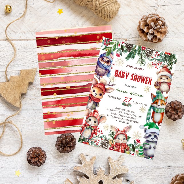 Invitation Fête Prénatale des Animaux de la Forêt en Hiver (Créateur téléchargé)