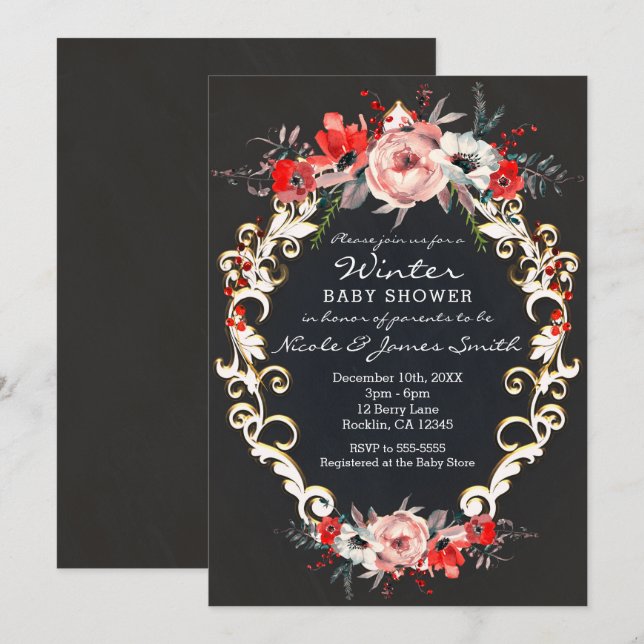 Invitation Fête Prénatale d'Hiver de Décembre Bébé Fleur de H (Devant / Derrière)